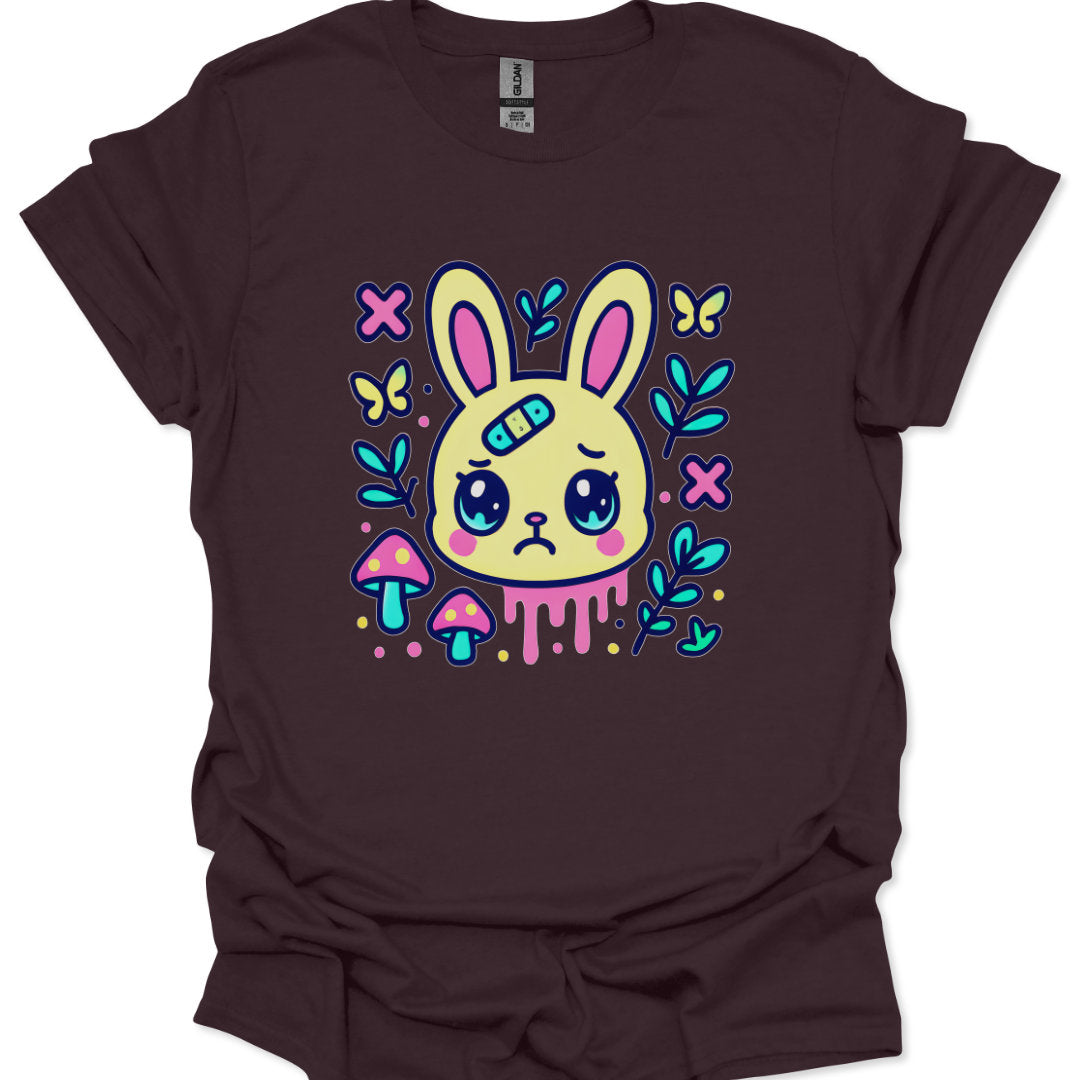 Anime style sad rabbit mascot with drip art and tiny butterflies