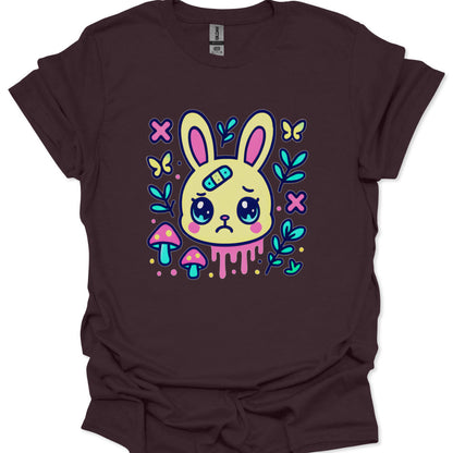 Anime style sad rabbit mascot with drip art and tiny butterflies