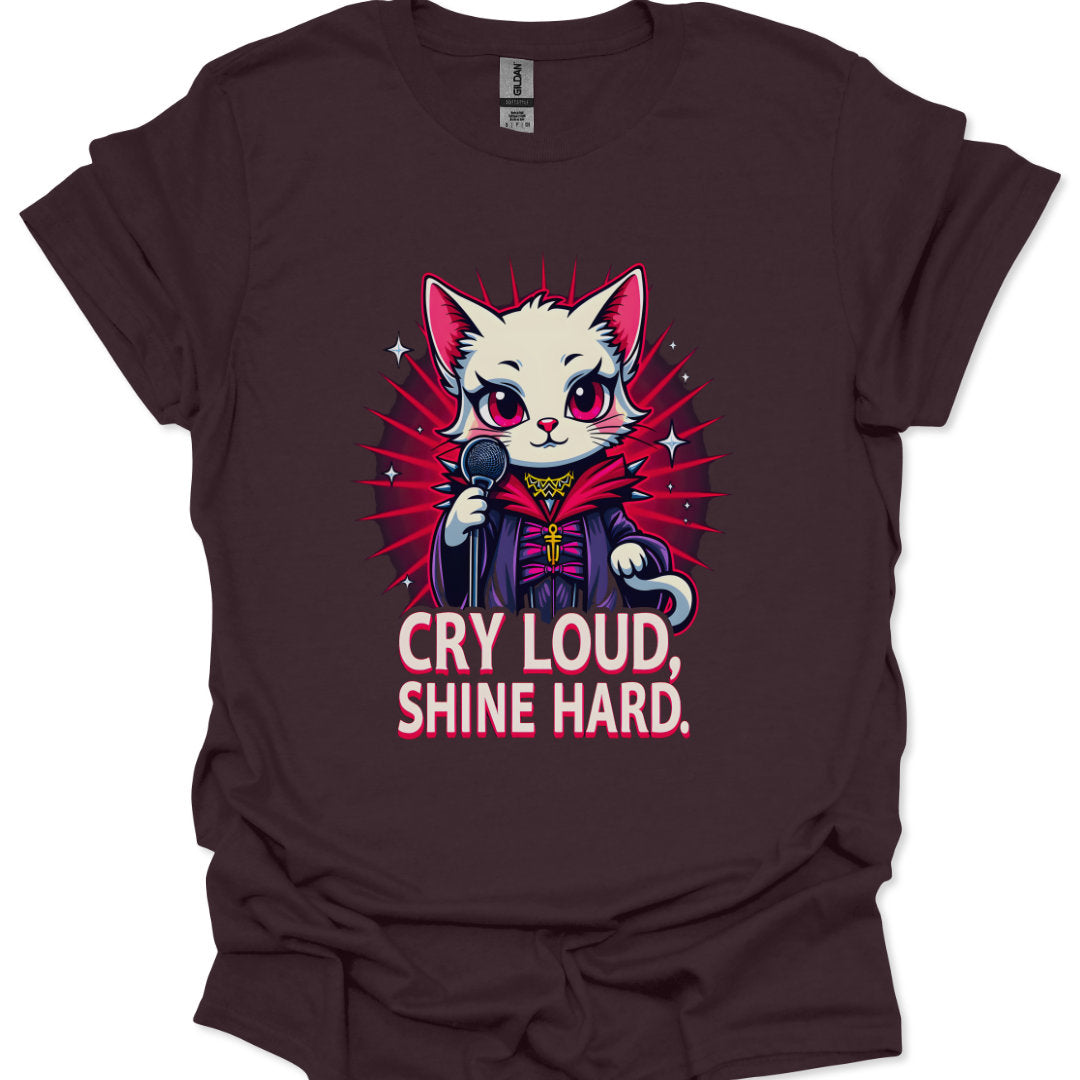 kawaii vampire cat idol holding microphone with sparkles and starburst
