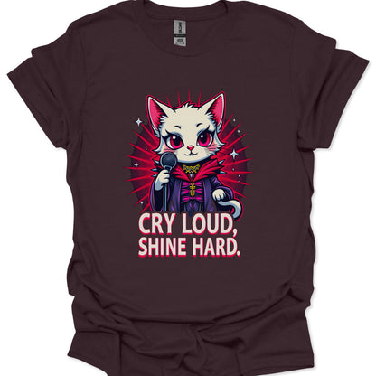 kawaii vampire cat idol holding microphone with sparkles and starburst
