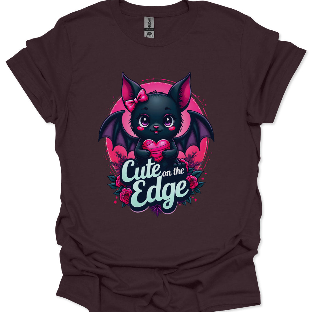 Brown t-shirt with a cute bat design and 'Cute on the Edge' text on a white background