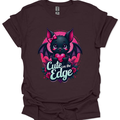 Brown t-shirt with a cute bat design and 'Cute on the Edge' text on a white background
