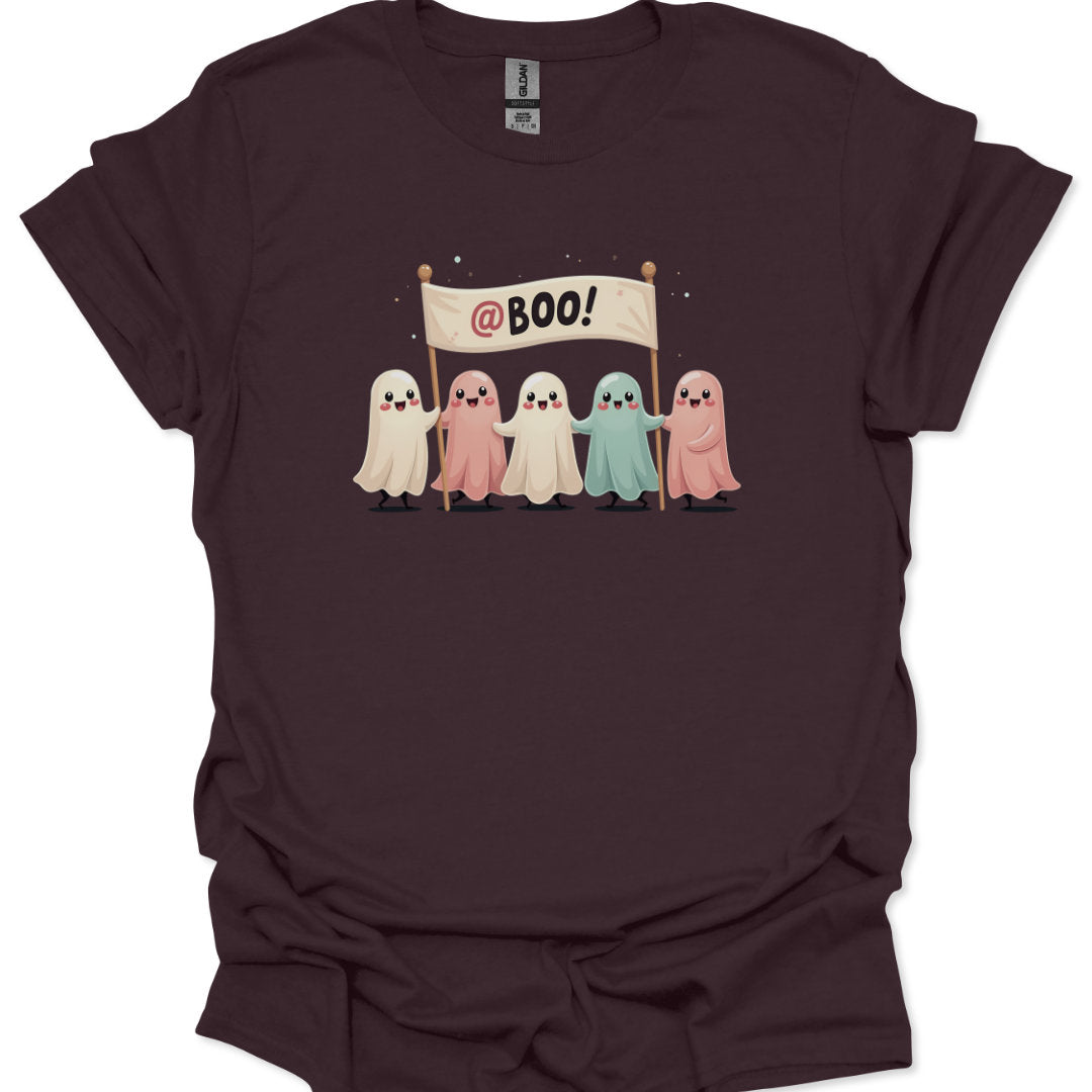 Maroon t-shirt with cartoon ghosts holding a 'BOO!' banner on a white background