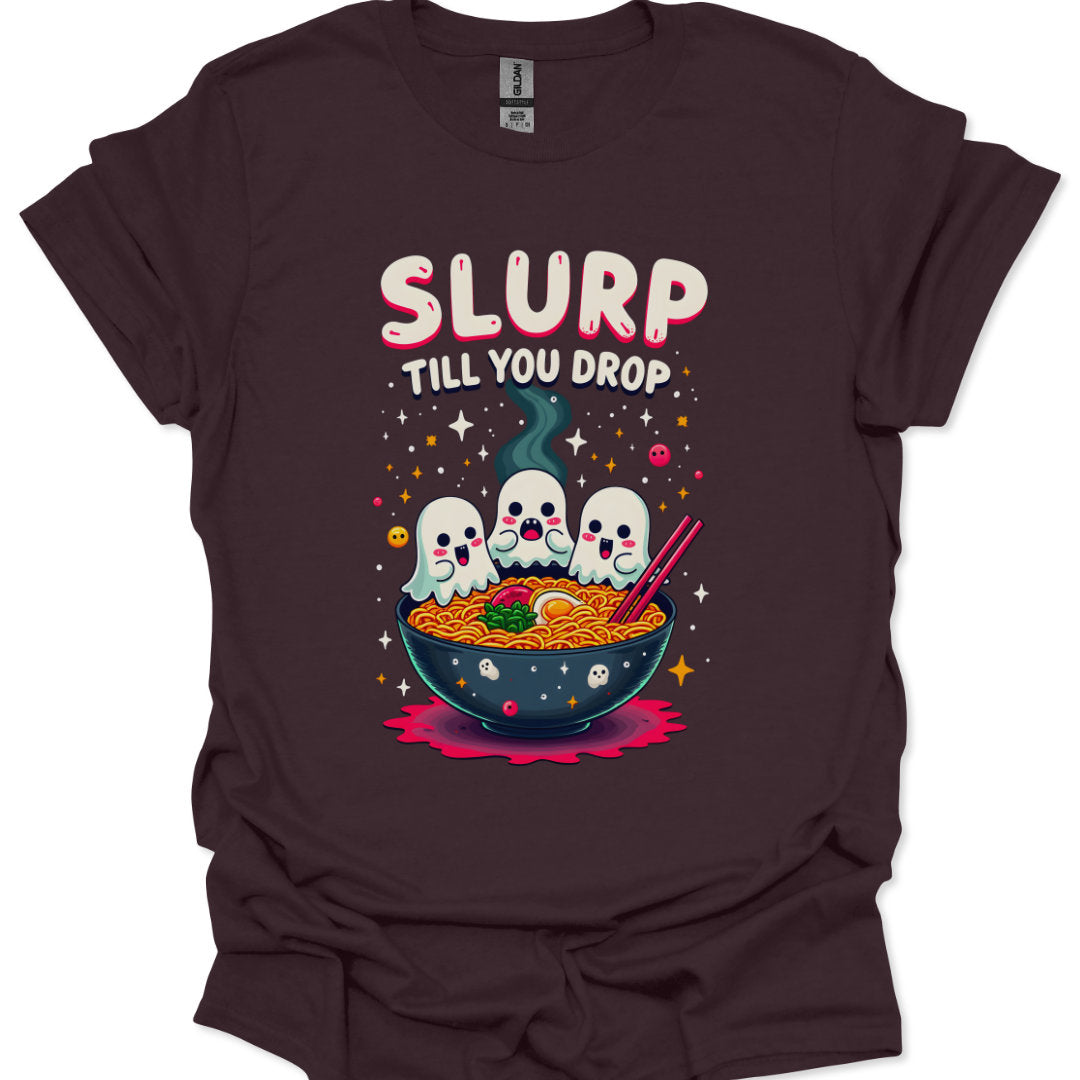 Brown t-shirt with a graphic of ghosts around a bowl of noodles and 'Slurp Till You Drop' text.