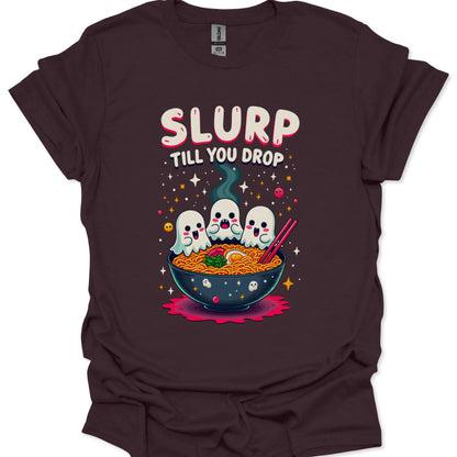 Brown t-shirt with a graphic of ghosts around a bowl of noodles and 'Slurp Till You Drop' text.