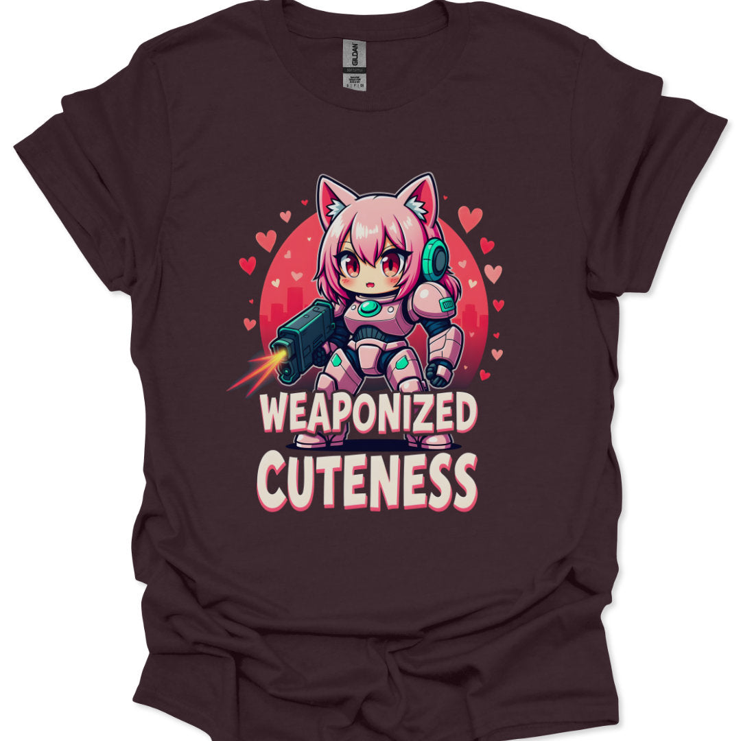 T-shirt with an anime character and 'Weaponized Cuteness' text on a white background