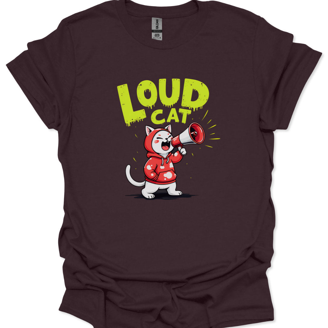 Brown t-shirt with a cartoon cat in a red raincoat holding a megaphone and the text 'LOUD CAT' on a white background.