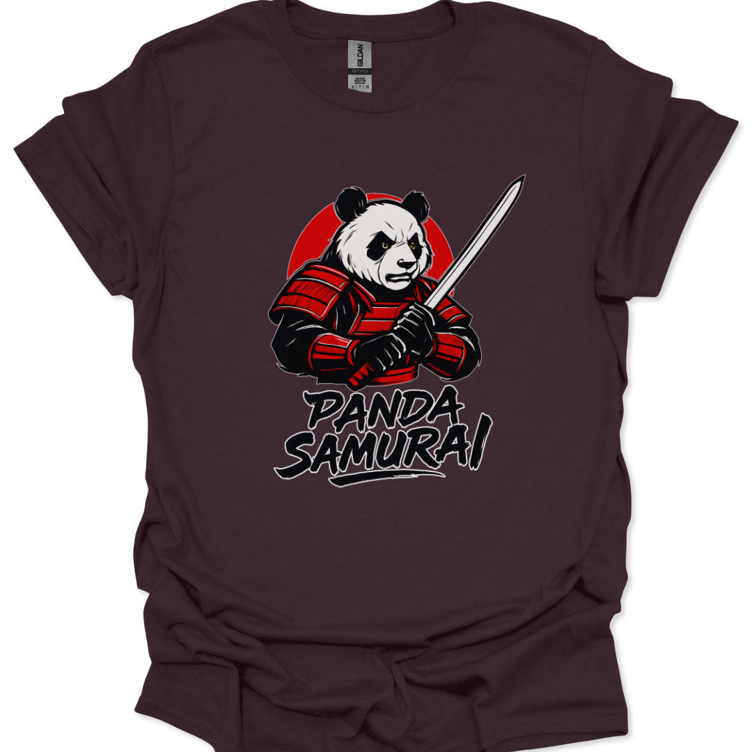 Brown t-shirt with a panda holding a sword graphic and 'Panda Samurai' text on a white background