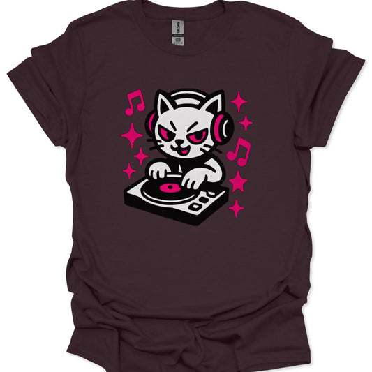 Brown t-shirt with a graphic of a cat DJ on a white background