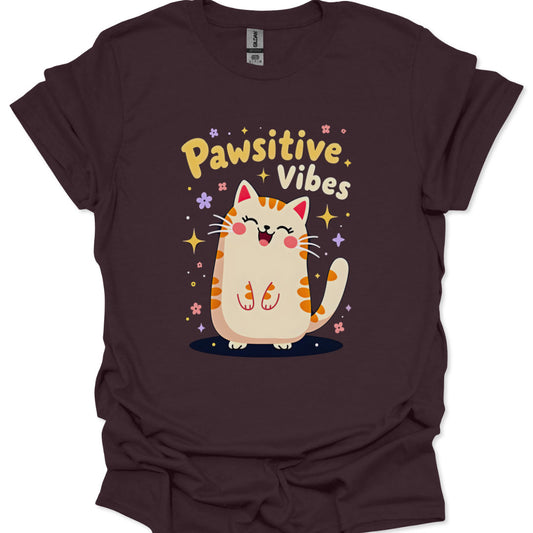 kawaii cat mascot with paw up and “Pawsitive Vibes” lettering