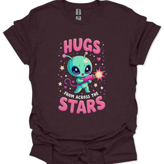 chibi space creature holding a hug blaster surrounded by hearts and stars