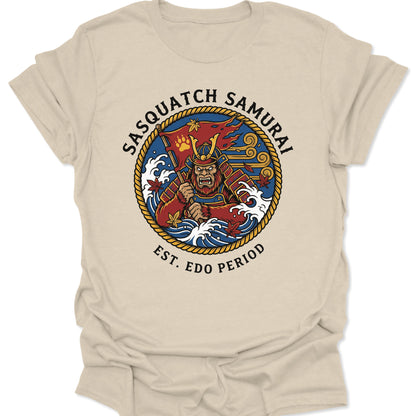 Natural unisex adult t-shirt featuring a vintage Sasquatch Samurai design in traditional Japanese tattoo art style.