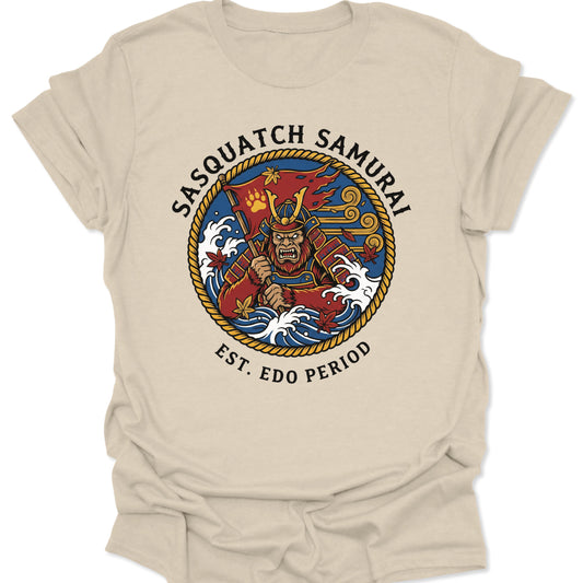 Natural unisex adult t-shirt featuring a vintage Sasquatch Samurai design in traditional Japanese tattoo art style.