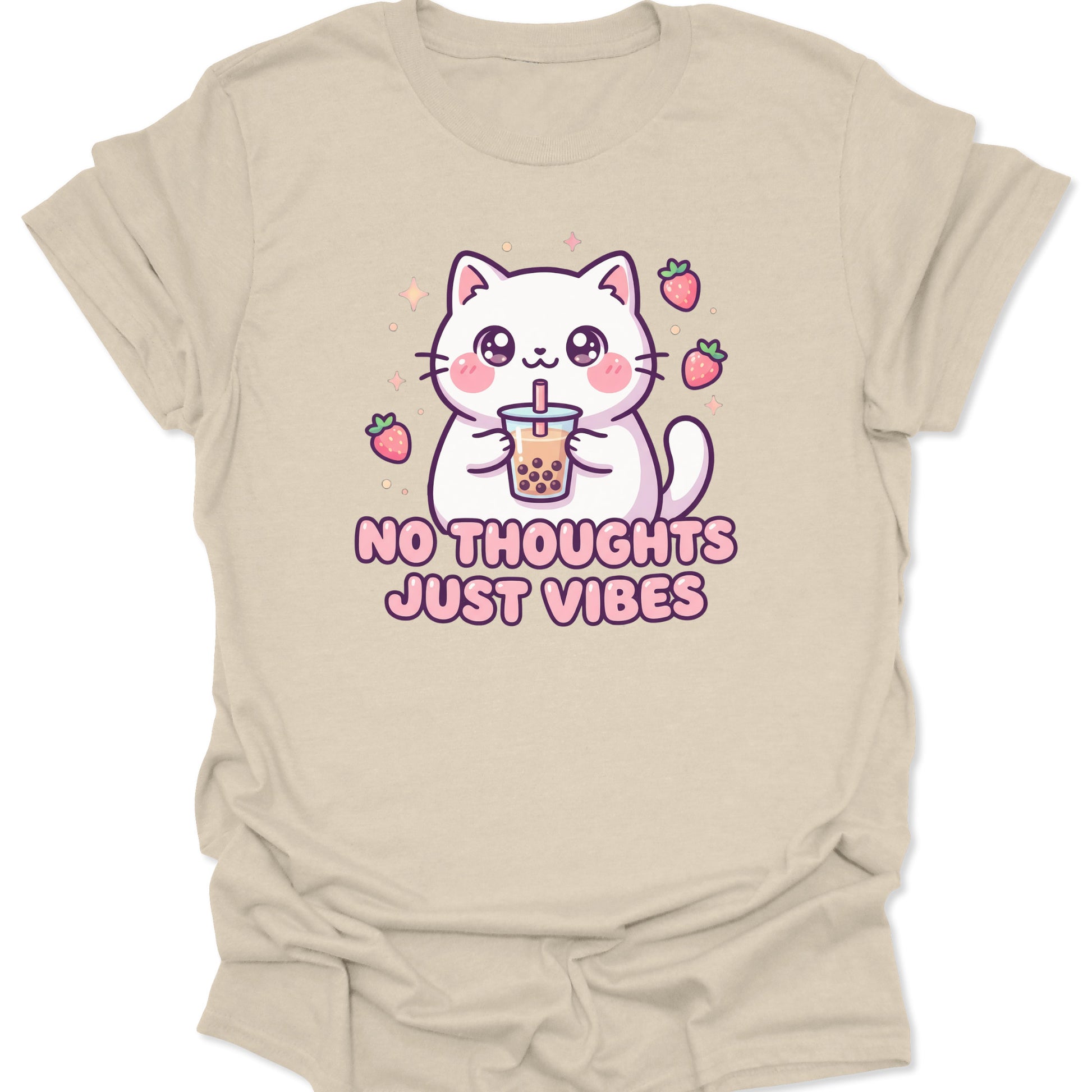 Natural unisex adult t-shirt featuring a white aesthetic cat drinking boba tea with sparkling stars and a funny meme quote.