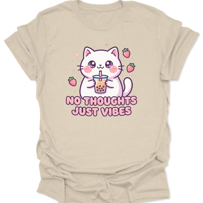 Natural unisex adult t-shirt featuring a white aesthetic cat drinking boba tea with sparkling stars and a funny meme quote.