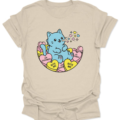Natural unisex adult t-shirt featuring a soft vintage aesthetic blue cat graphic with sassy candy heart messages.