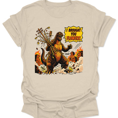 Natural unisex adult t-shirt featuring a retro comic kaiju holding uprooted streetlights as a romantic flower bouquet.