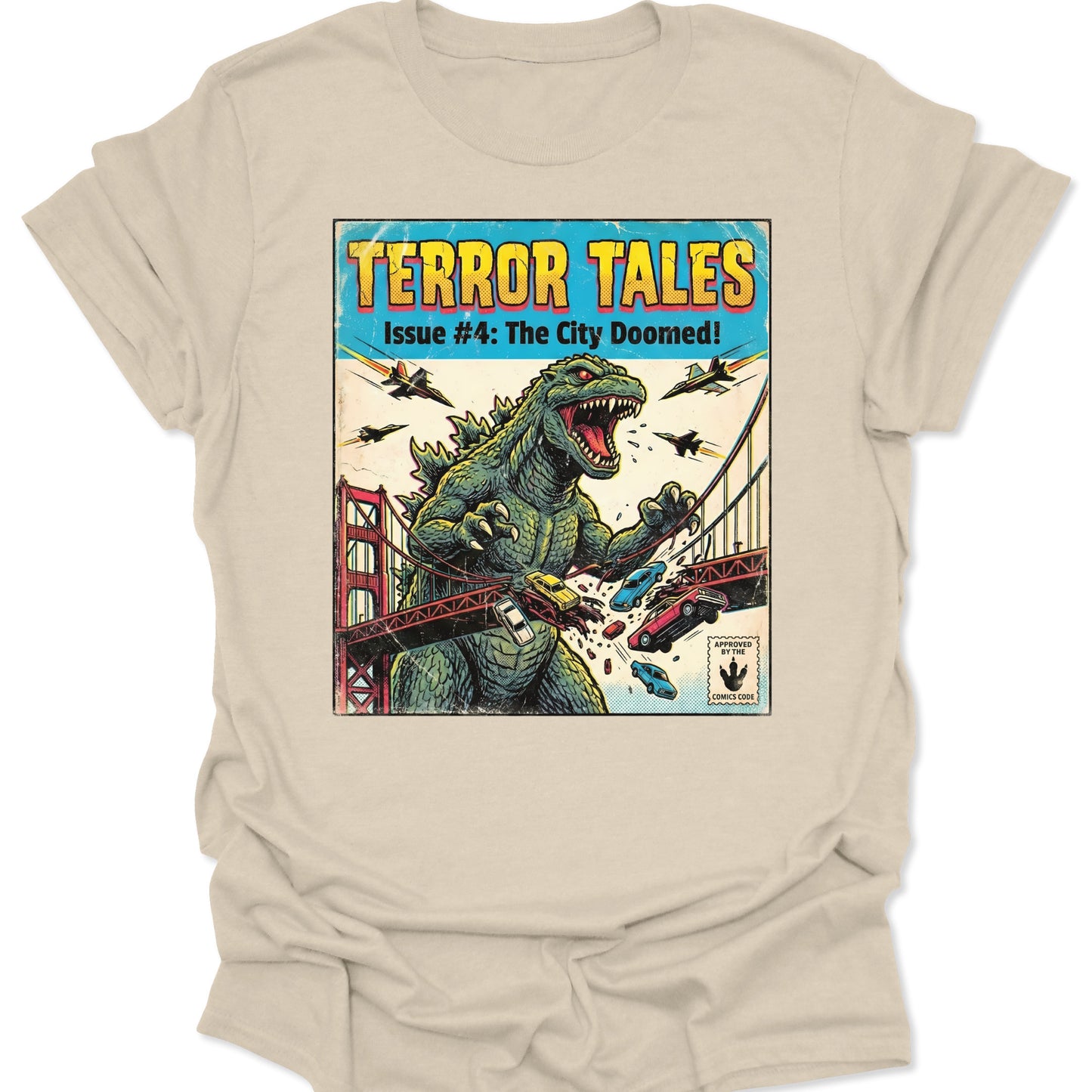 Natural unisex adult t-shirt featuring a distressed giant monster graphic in a classic 1950s horror comic book style.