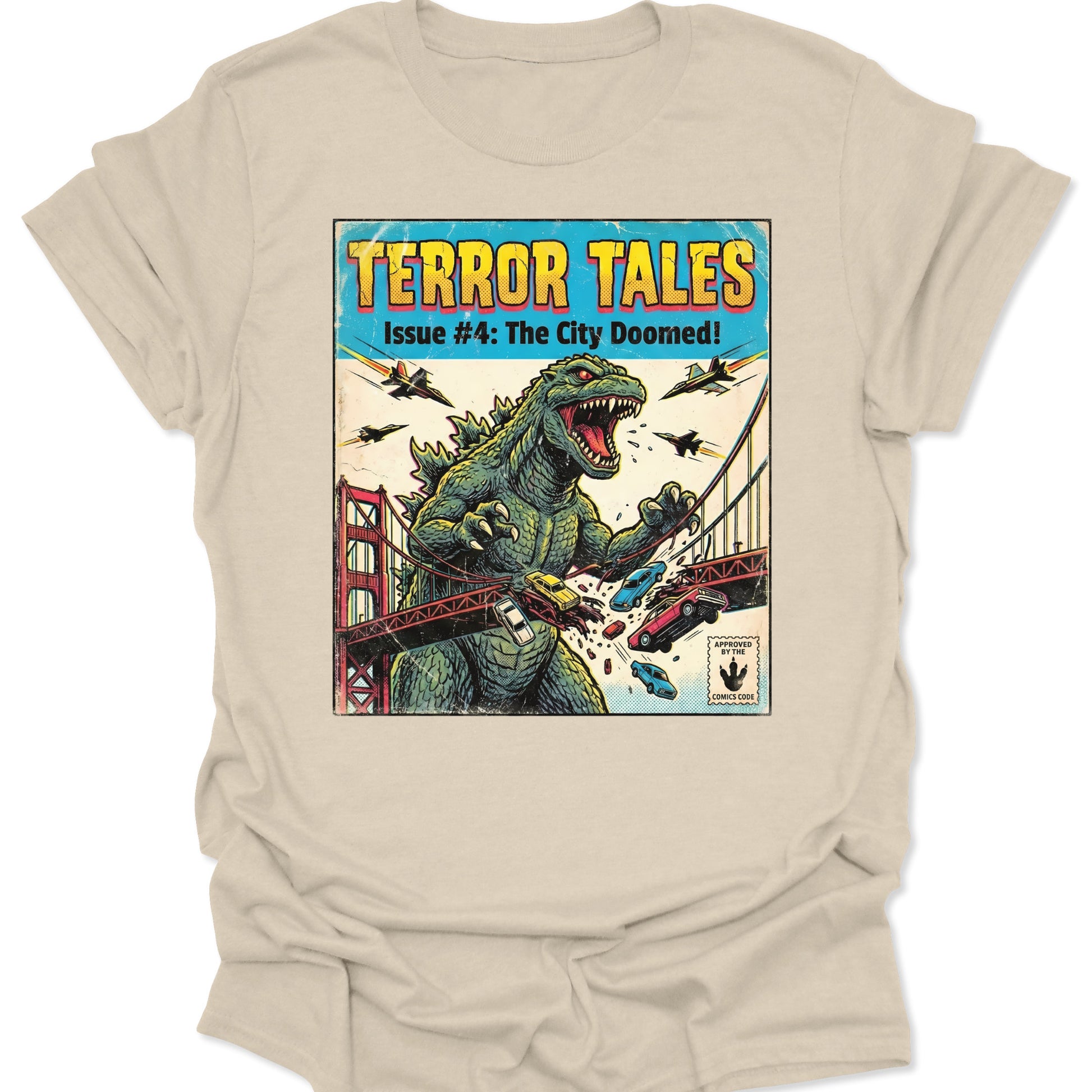 Natural unisex adult t-shirt featuring a distressed giant monster graphic in a classic 1950s horror comic book style.
