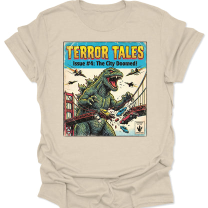 Natural unisex adult t-shirt featuring a distressed giant monster graphic in a classic 1950s horror comic book style.