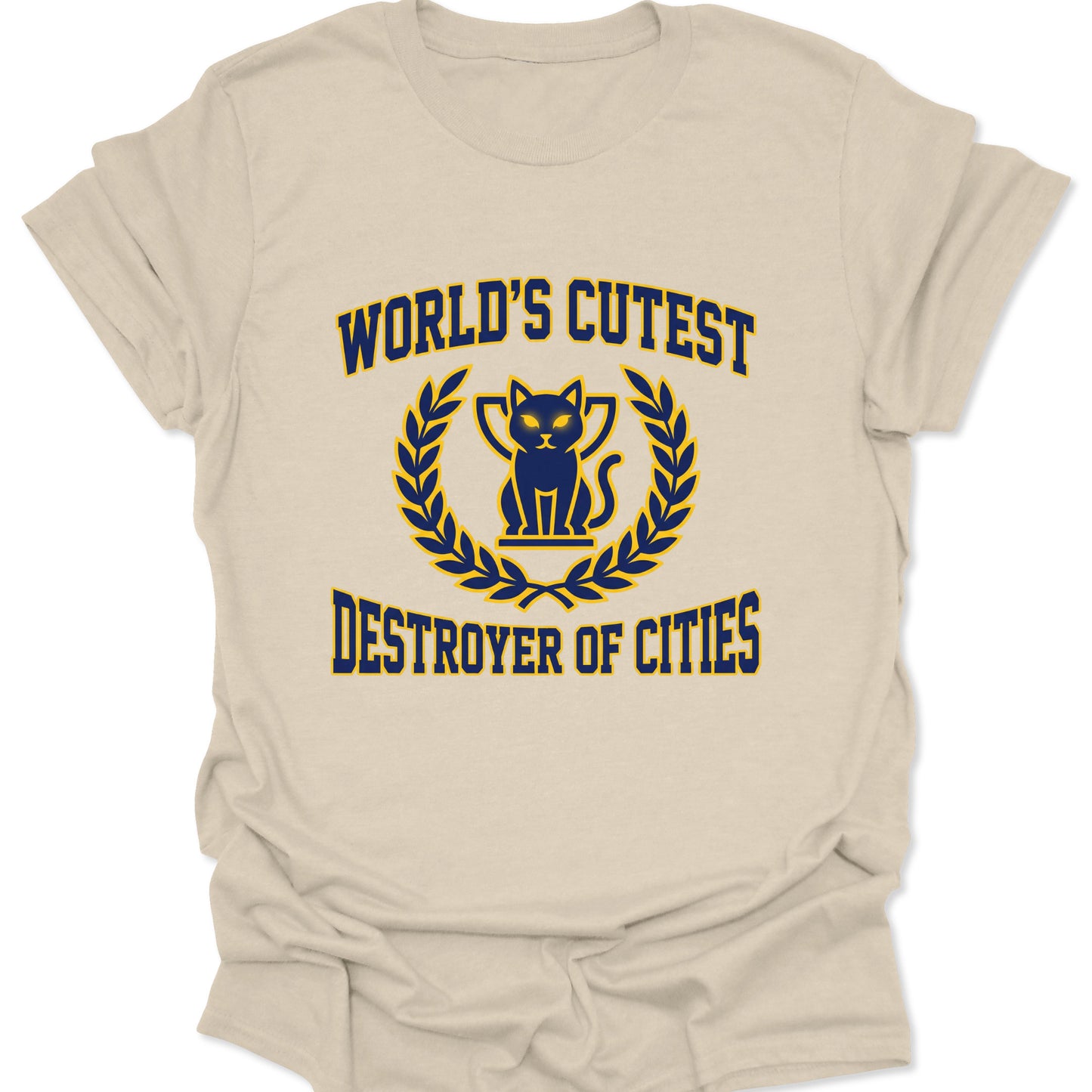 Natural cream unisex adult t-shirt displaying a retro harajuku style chibi cat city destroyer design in navy and gold.