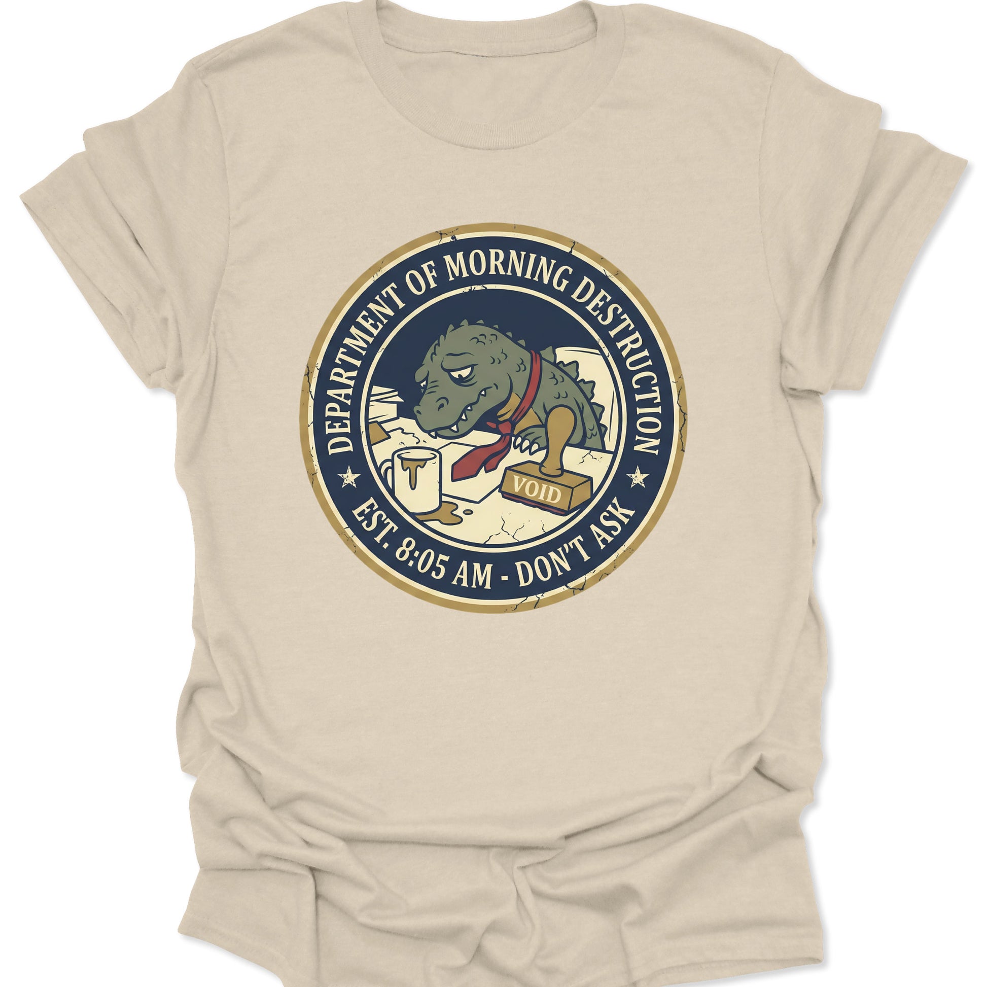 Natural unisex adult t-shirt featuring tired morning mood kaiju with red tie and coffee mug illustration.