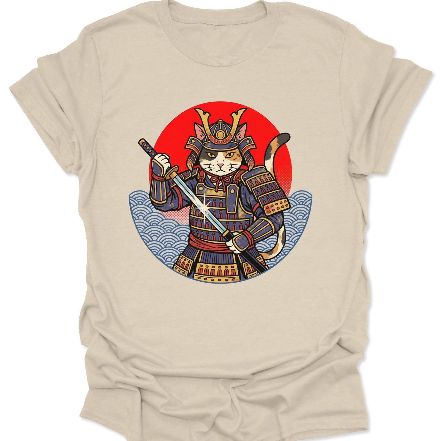 Natural unisex adult t-shirt with a retro Japanese cat graphic, featuring a katana-wielding feline and wave patterns.