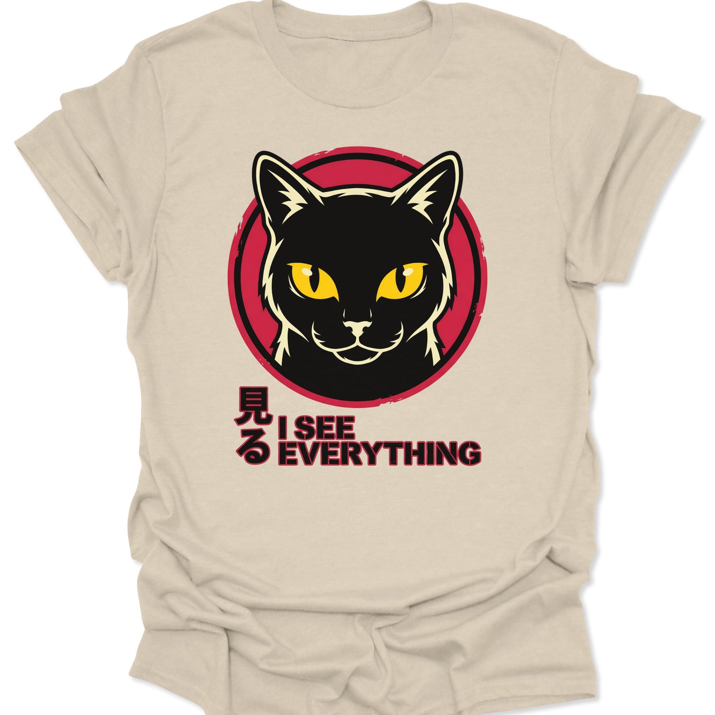 Natural unisex adult t-shirt featuring a retro Japanese style black cat graphic with bold yellow eyes.