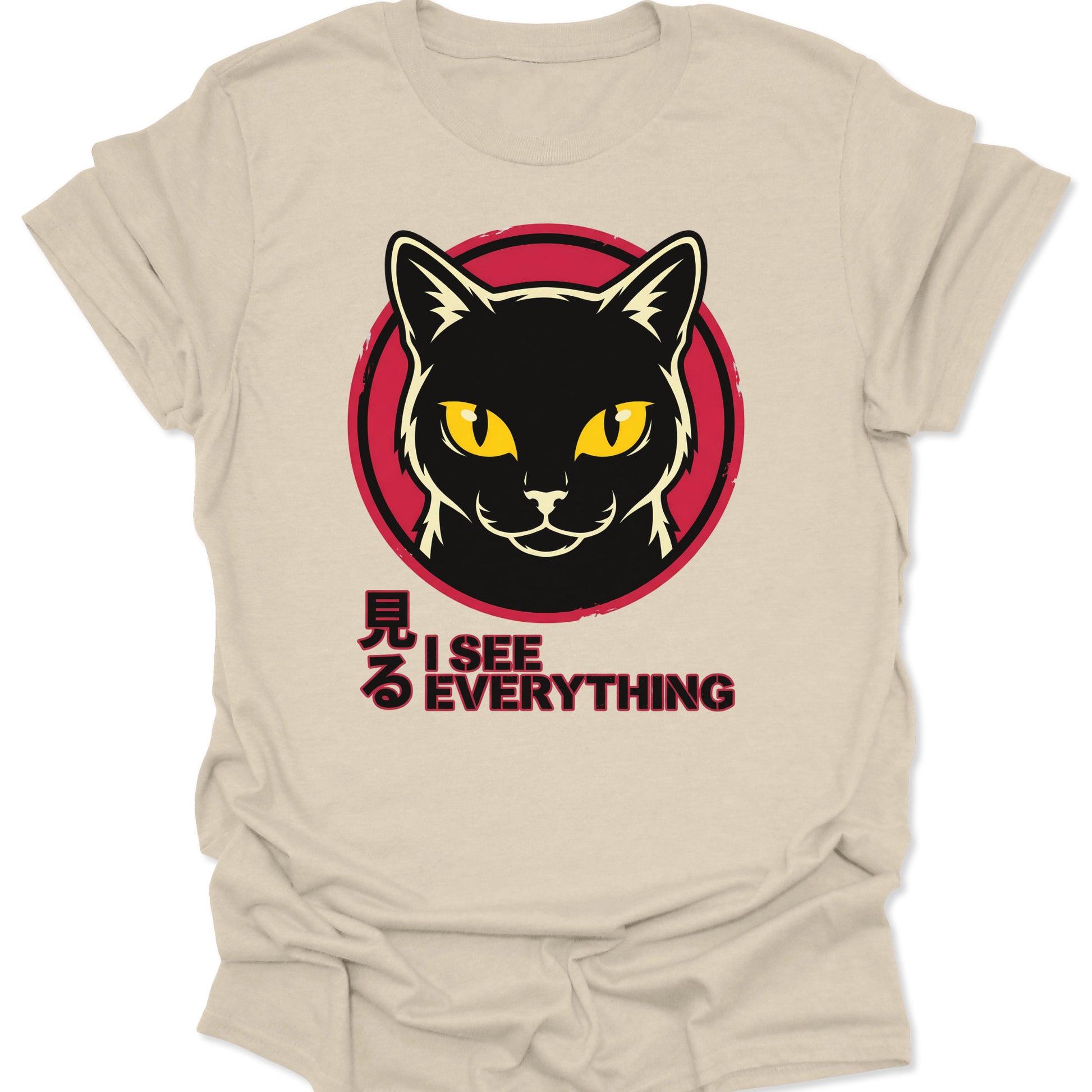 Natural unisex adult t-shirt featuring a retro Japanese style black cat graphic with bold yellow eyes.