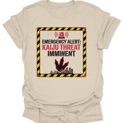 Natural unisex adult t-shirt featuring Retro Monster Movie Streetwear art of a distressed emergency alert sign.