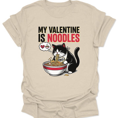 Natural unisex adult t-shirt featuring humorous cat lover design choosing ramen over love Japanese style art.