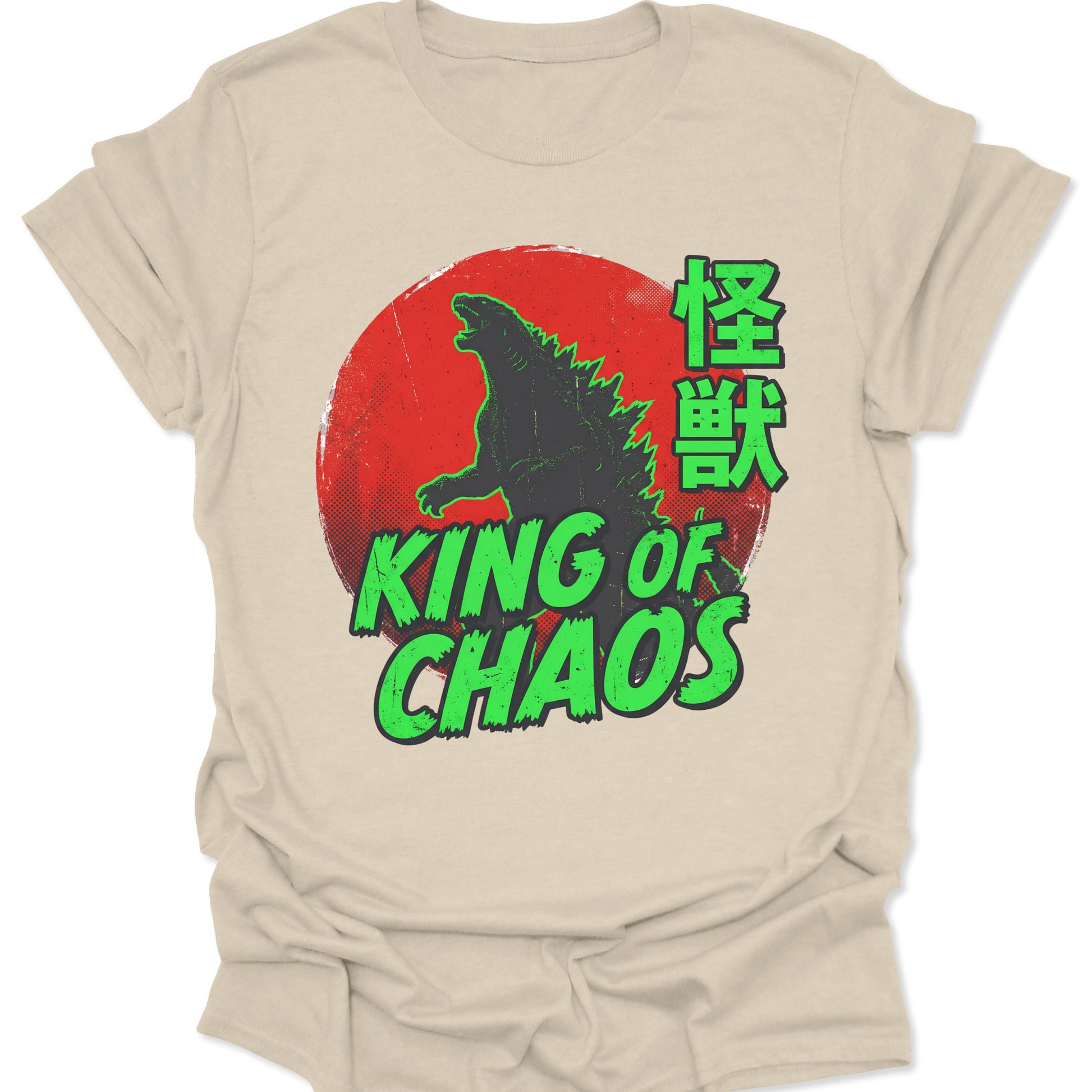 Natural unisex adult t-shirt showing a green Kaiju silhouette and red rising sun, blending kawaii and monster themes.