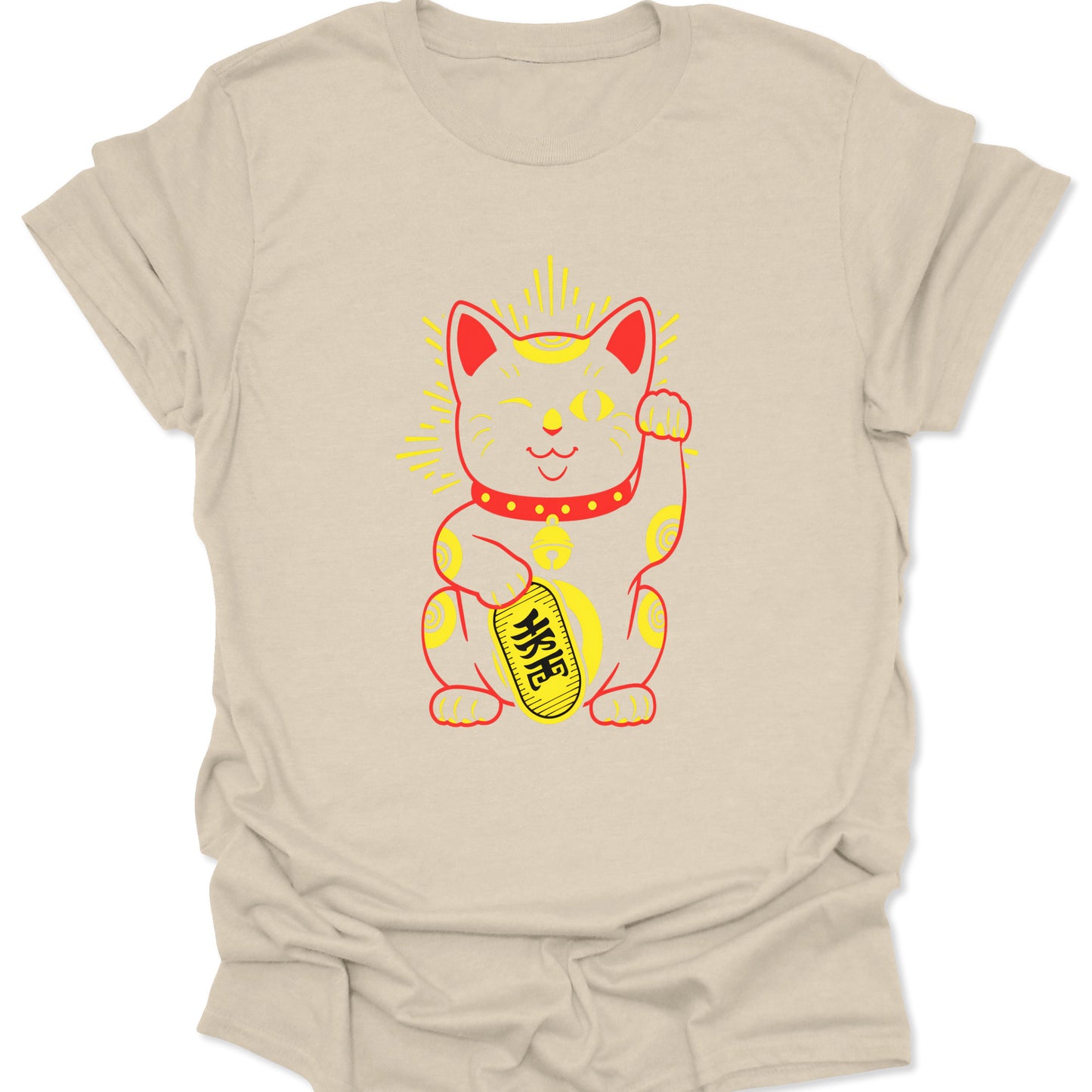 Natural cream-toned organic cotton shirt with a vintage-inspired Maneki Neko lucky cat design, emphasizing a soft-earthy Japanese art aesthetic.