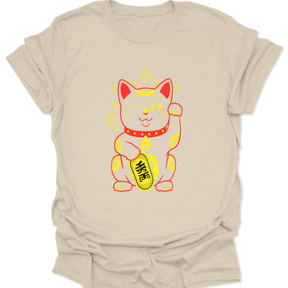 Natural cream-toned organic cotton shirt with a vintage-inspired Maneki Neko lucky cat design, emphasizing a soft-earthy Japanese art aesthetic.