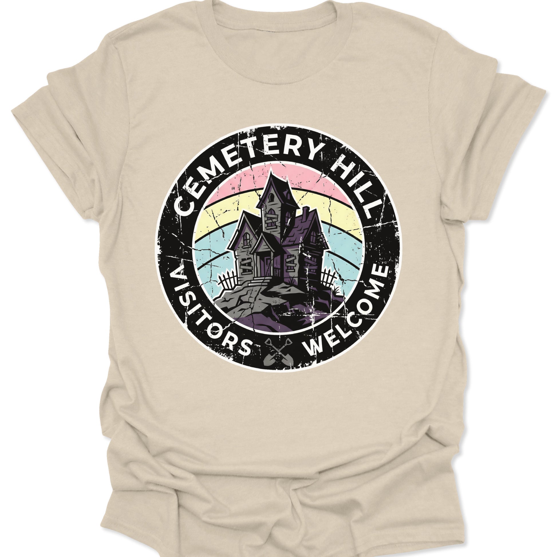 Natural unisex adult t-shirt displaying a vintage horror graphic with crossed shovels and Cemetery Hill typography.