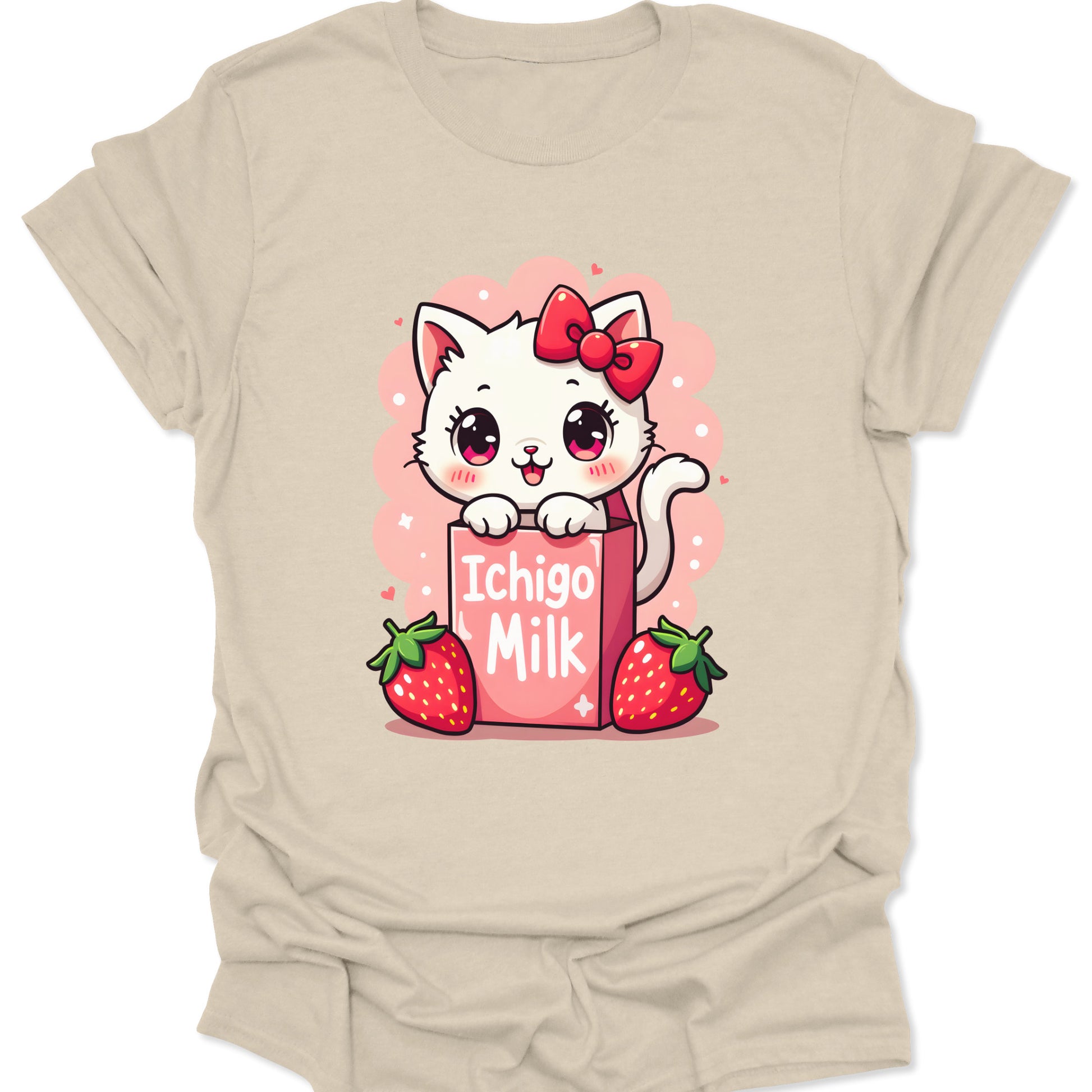 Natural cream-colored cotton shirt featuring a soft pastel strawberry neko milk box illustration in a vintage Japanese snack style, isolated on a white background.