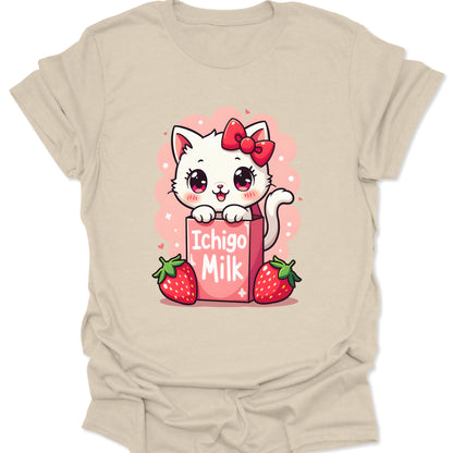 Natural cream-colored cotton shirt featuring a soft pastel strawberry neko milk box illustration in a vintage Japanese snack style, isolated on a white background.