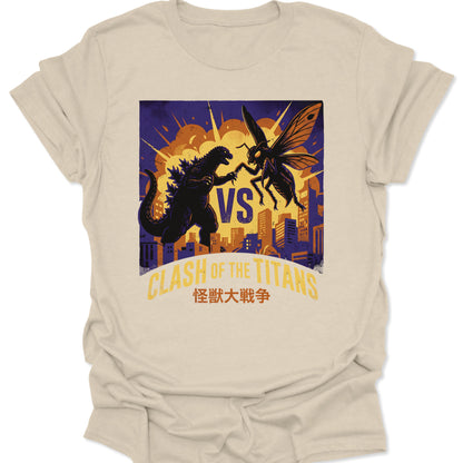 Natural unisex adult t-shirt featuring retro kaiju battle scene with a giant lizard and wasp over a vibrant cityscape.