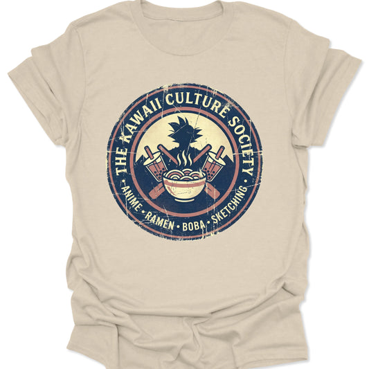 Natural unisex adult t-shirt featuring a distressed circular badge with anime silhouette, ramen bowl, and boba tea cups.