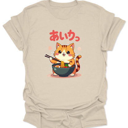 Natural cream-colored eco-style tee featuring a Pastel Neko Ramen design, minimalist Japanese aesthetic for neutral outfits.