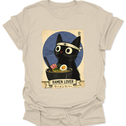 Natural cream-toned organic-look t-shirt featuring a black cat ramen bowl design in earth-toned Japanese retro art, isolated on a beige background.