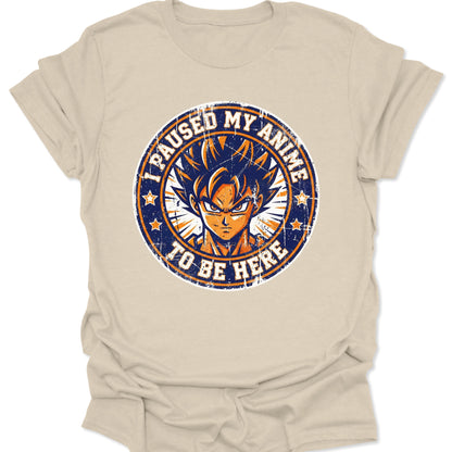 Natural unisex adult t-shirt featuring a 90s aesthetic anime hero in a weathered orange and navy circular badge.