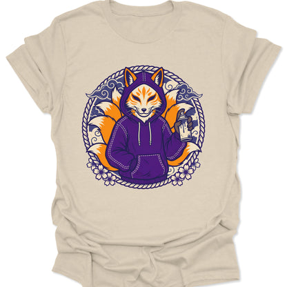 Natural unisex adult t-shirt with a neo-traditional kitsune streetwear design of a fox in a hoodie and spray paint can.