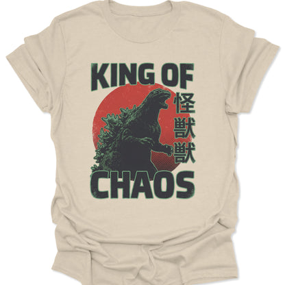 Cream natural-colored shirt with a retro Japanese Kaiju graphic, red circle sun, and King of Chaos distressed lettering.