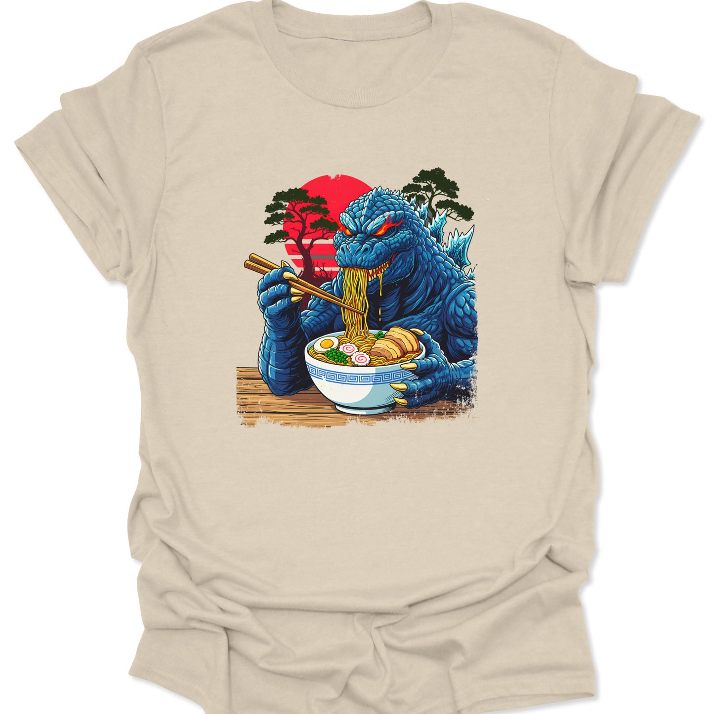 Natural cream-colored organic-look shirt with a detailed Kaiju and Great Wave ramen illustration in a minimalist Japanese aesthetic, isolated on white.