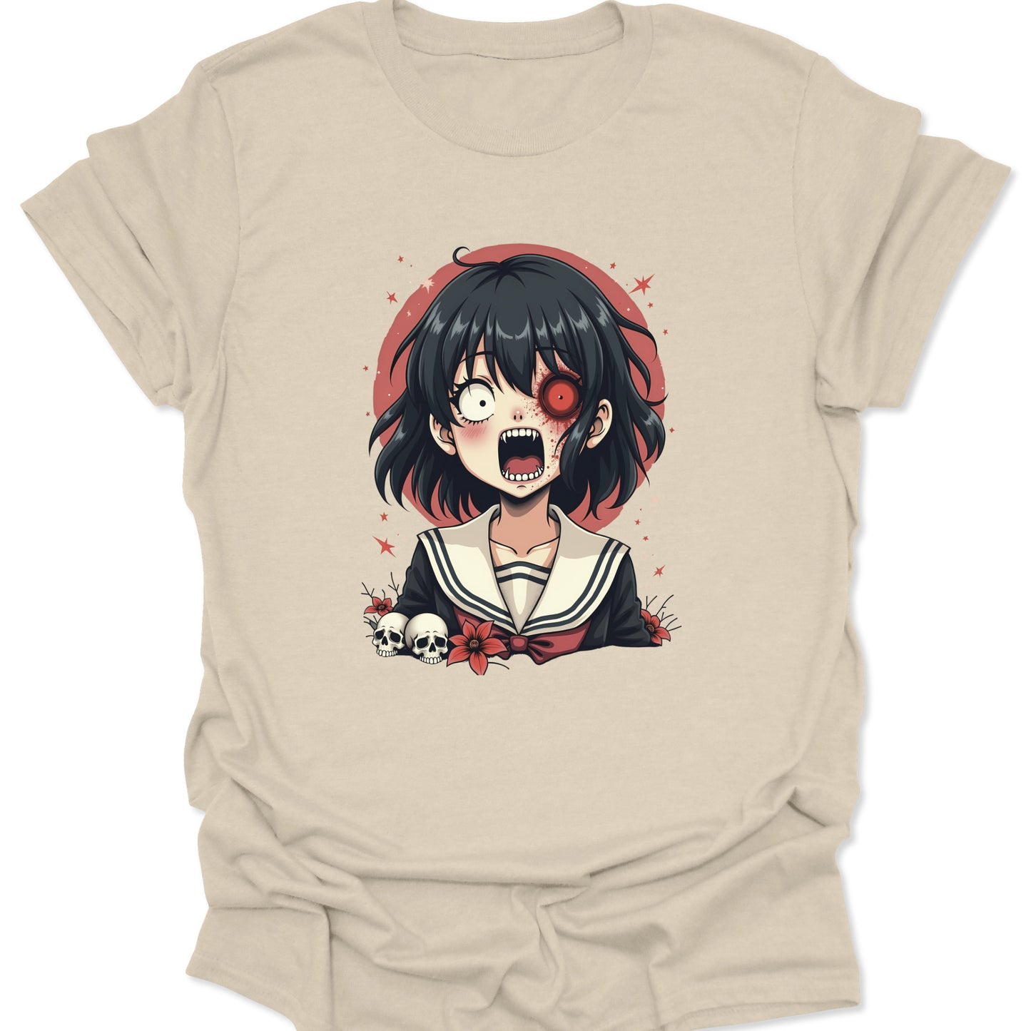 Natural cream-toned cotton shirt featuring a detailed Yami Kawaii "Sweet Scream" art piece in pastel horror style, isolated on a high-contrast background.