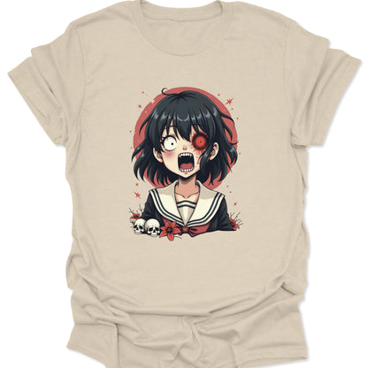 Natural cream-toned cotton shirt featuring a detailed Yami Kawaii "Sweet Scream" art piece in pastel horror style, isolated on a high-contrast background.