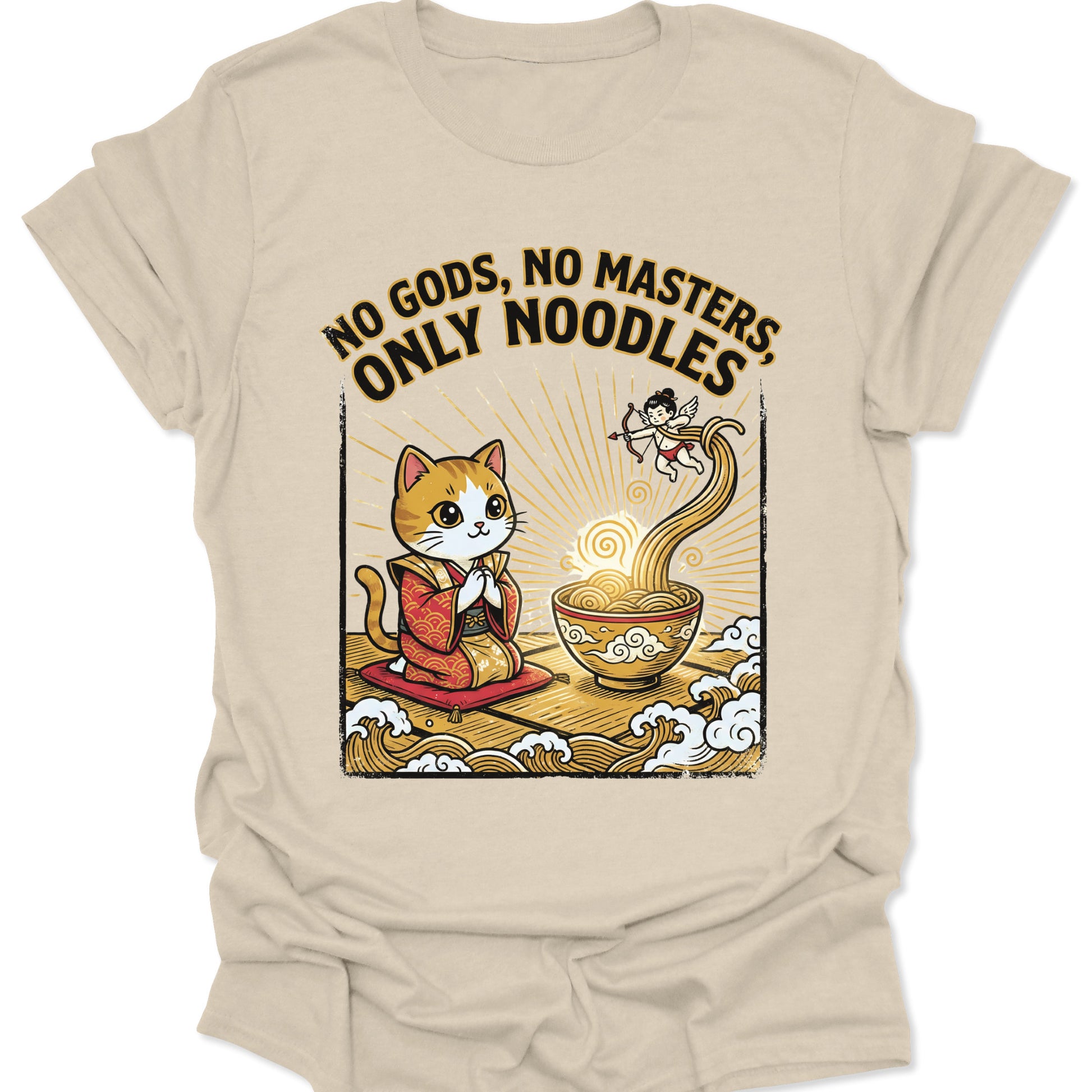 Natural unisex adult t-shirt depicting a spiritual ramen cat and cherub with No Gods No Masters Only Noodles slogan.