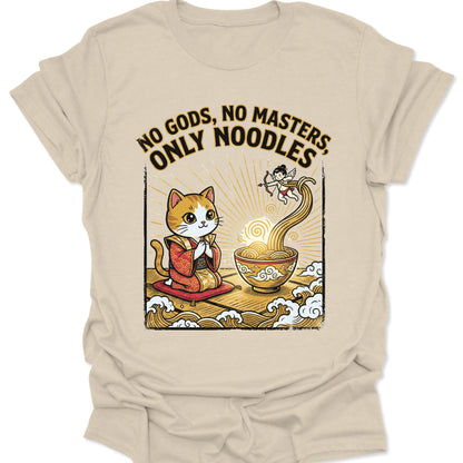 Natural unisex adult t-shirt depicting a spiritual ramen cat and cherub with No Gods No Masters Only Noodles slogan.