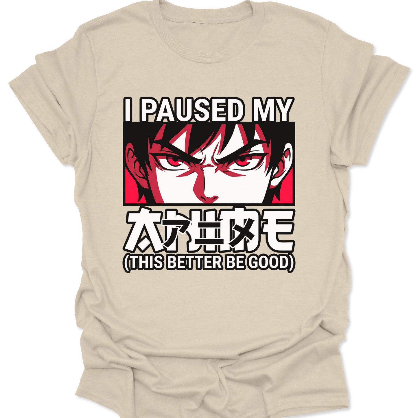 Natural unisex adult t-shirt featuring minimalist red and black anime eyes and Otaku culture graphic.